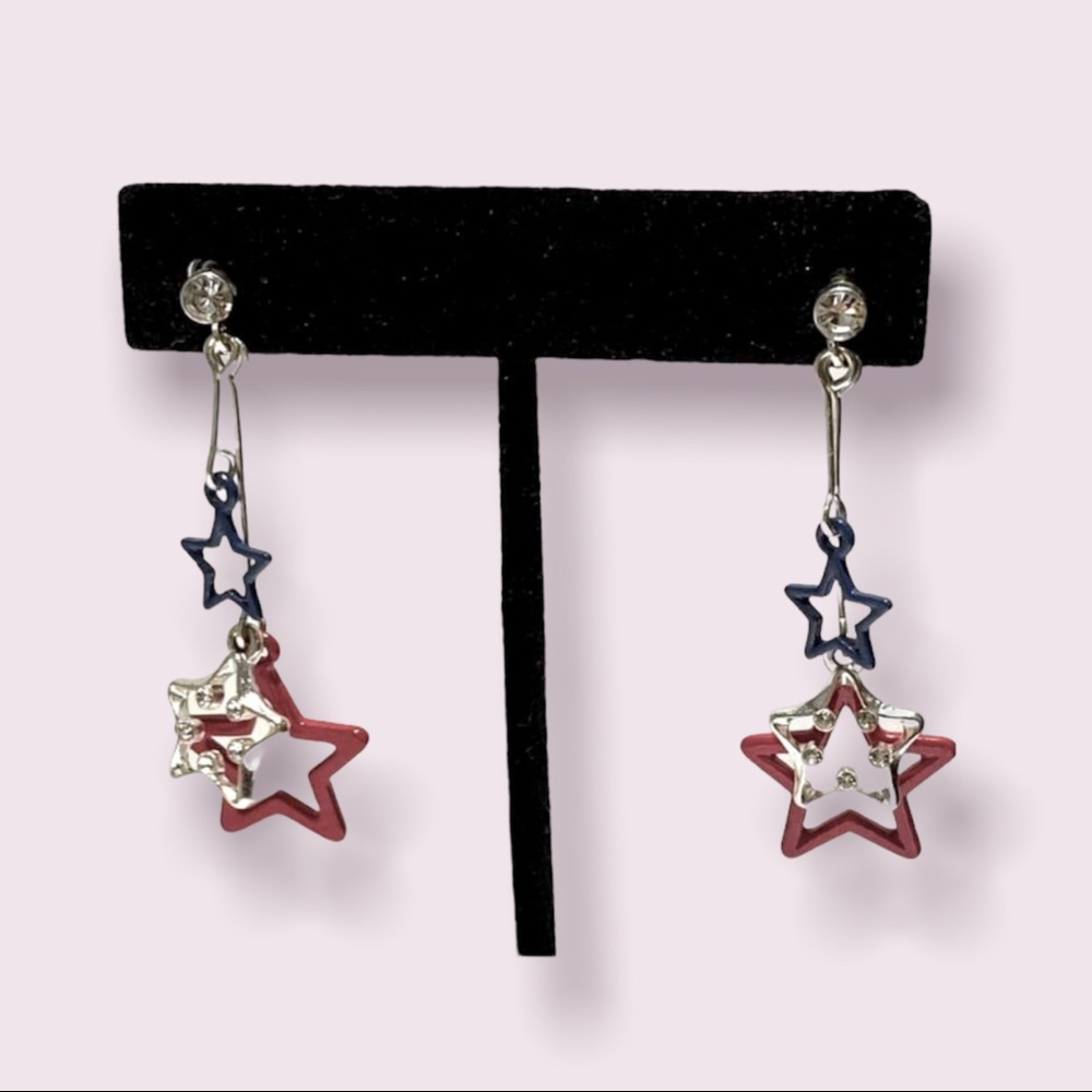 USA Moxie Red Blue Stars Dangling Earrings Girlfriend Gift